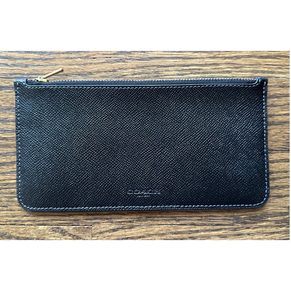 NWOT Coach Slim Card Wallet Women Black Crossgrain Leather Zip Wallet Minimalist